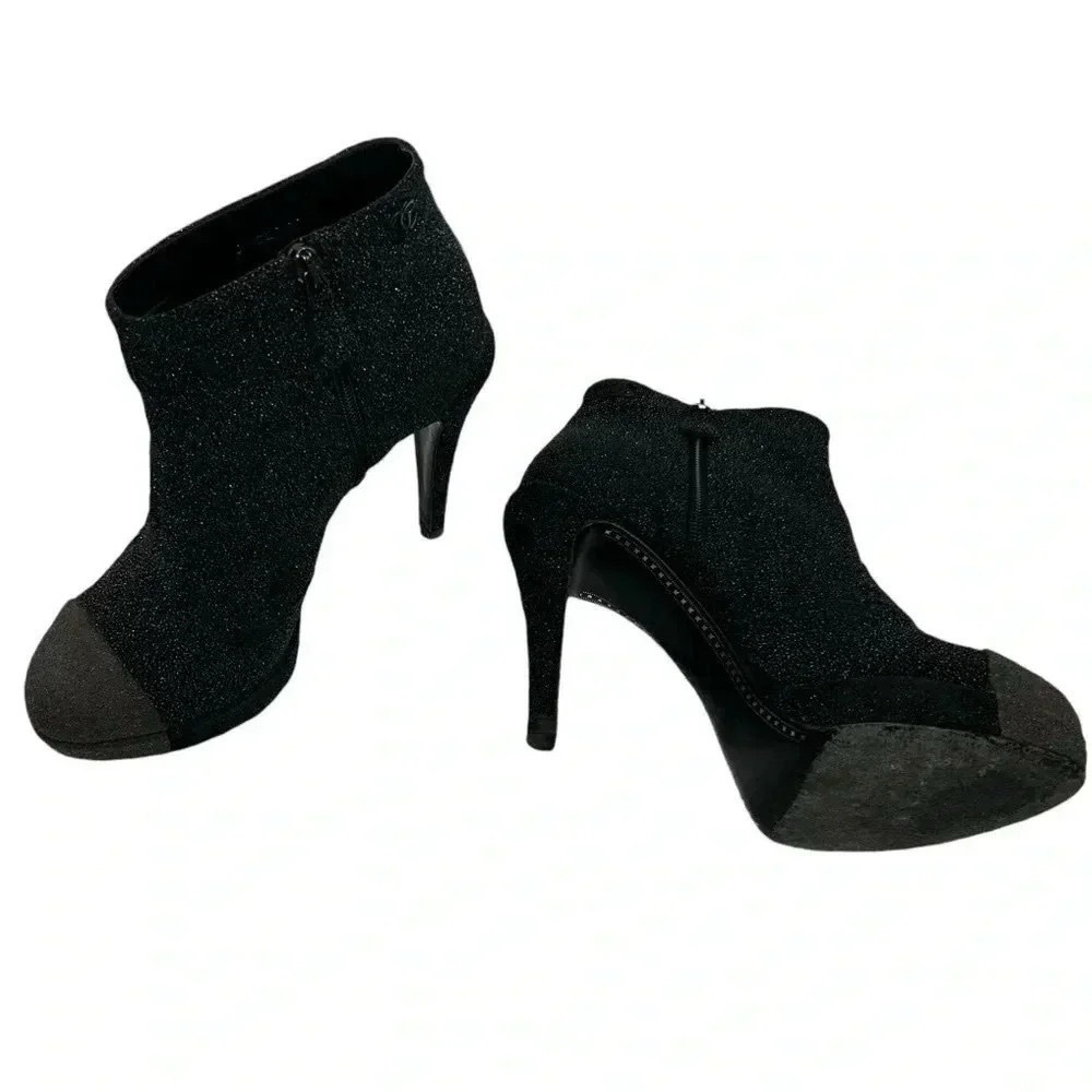 Chanel Glitter Suede CC Cap Toe Ankle Boots Black 40.5 Stiletto Heels - Picture 12 of 15